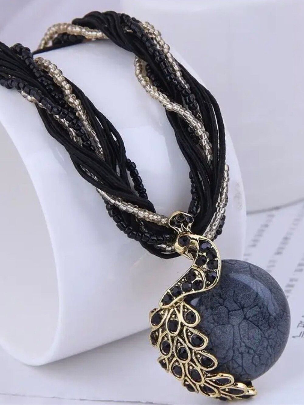 Bohemian Peacock Woven Black Cracked Stone Pendant Necklace